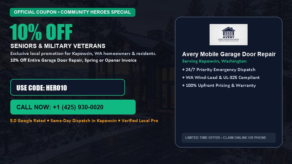 Avery Mobile Garage Door Repair 10% OFF Seniors & Military Veterans in Kapowsin, WA